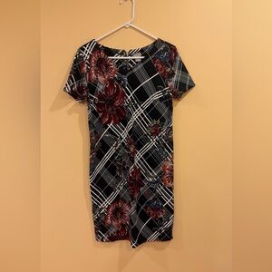 Chico's Black Floral Plaid Short-Sleeve Midi Dress